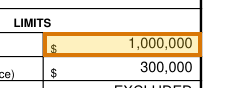 The region of the sample Certificate of Insurance containing Each occurrence limit, with the extracted value outlined