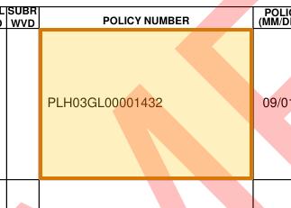 The region of the sample Certificate of Insurance containing General liability policy number, with the extracted value outlined