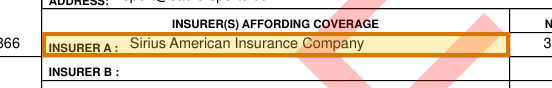 The region of the sample Certificate of Insurance containing Insurer A, with the extracted value outlined