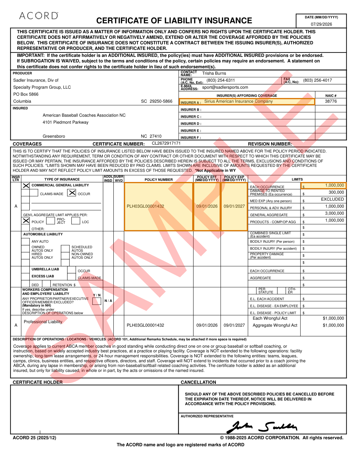 Page 1 of a sample Certificate of Insurance, with extracted values outlined