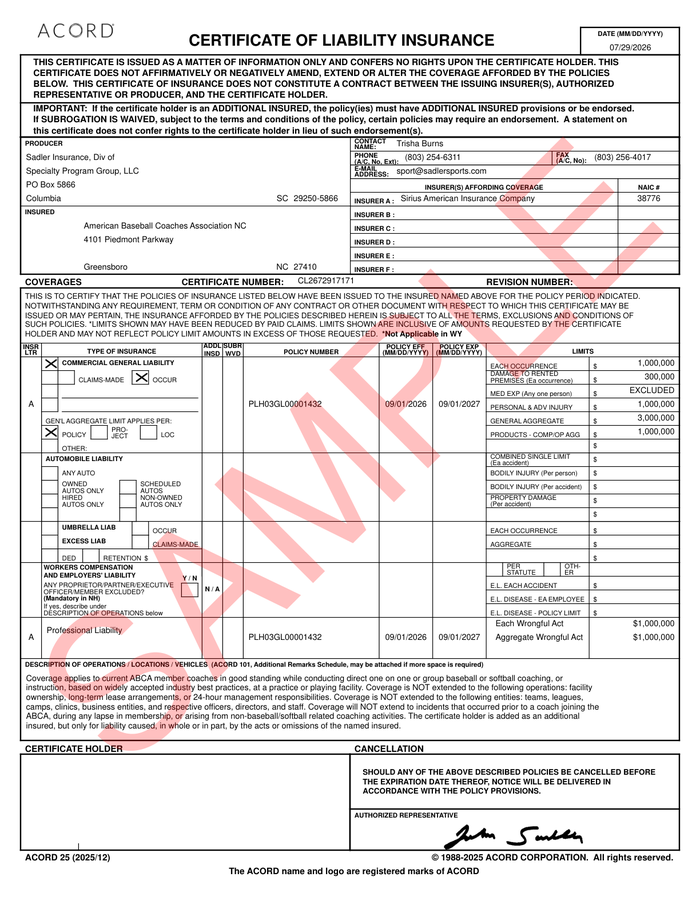 Page 1 of the sample Certificate of Insurance