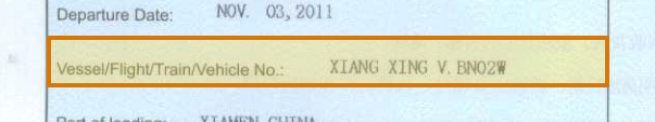The region of the sample Certificate of Origin containing Vessel and voyage, with the extracted value outlined