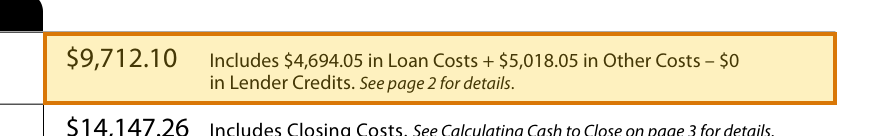 The region of the sample Closing Disclosure containing Closing costs, with the extracted value outlined