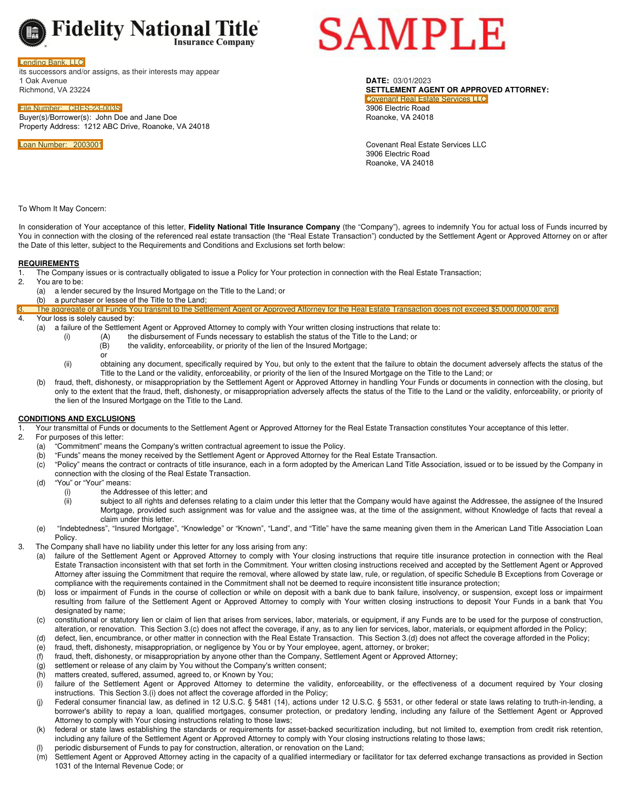 Page 1 of a sample Closing Protection Letter, with extracted values outlined