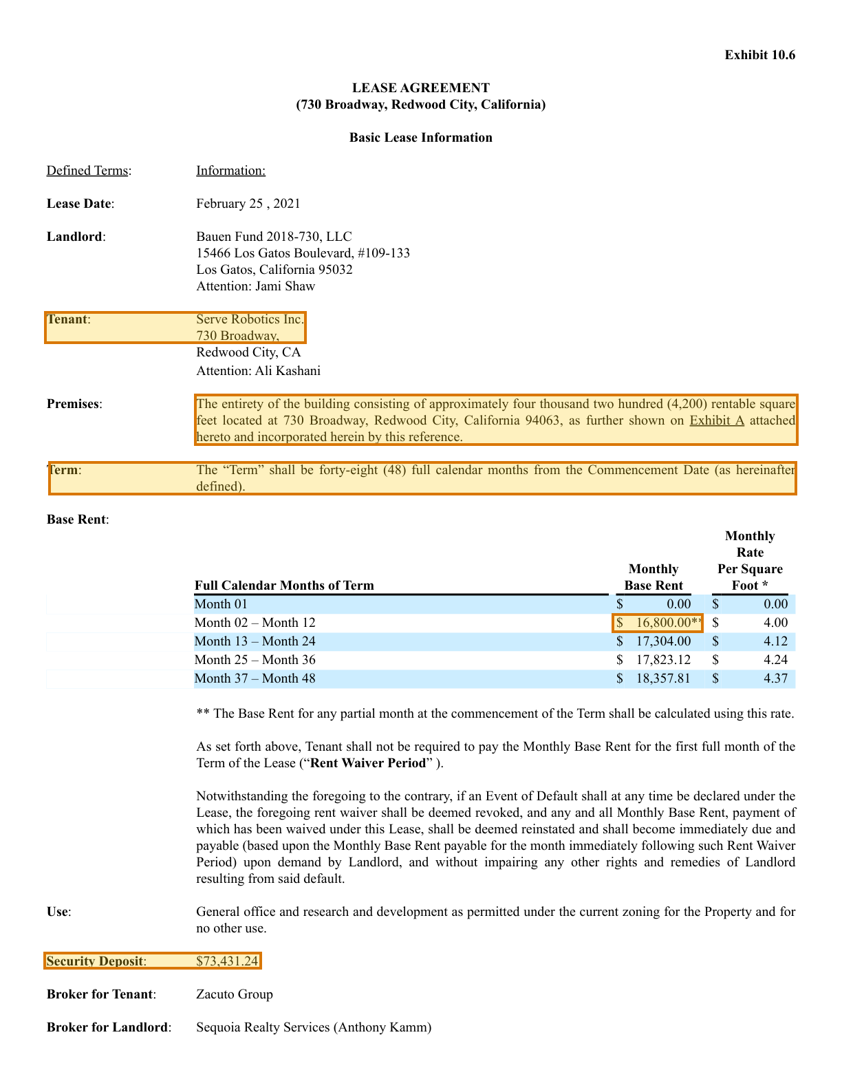 Page 1 of a sample Commercial Lease, with extracted values outlined