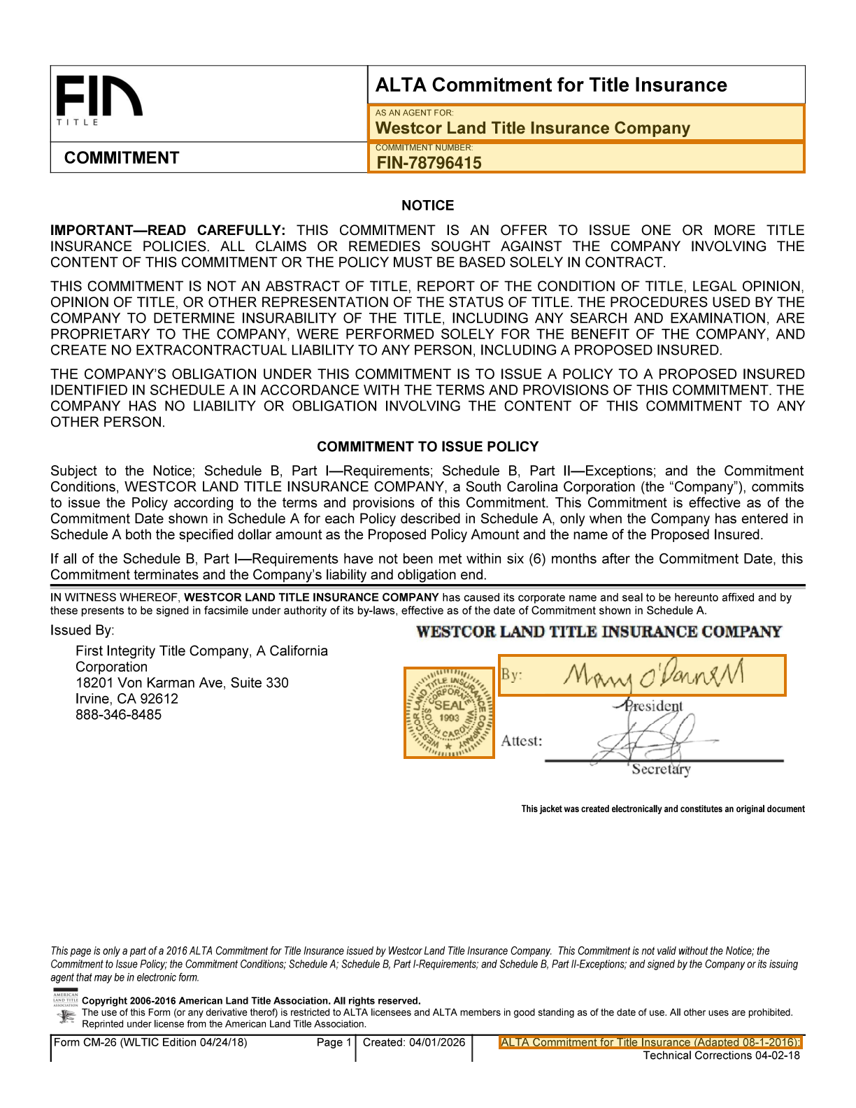 Page 1 of a sample Commitment for Title Insurance, with extracted values outlined