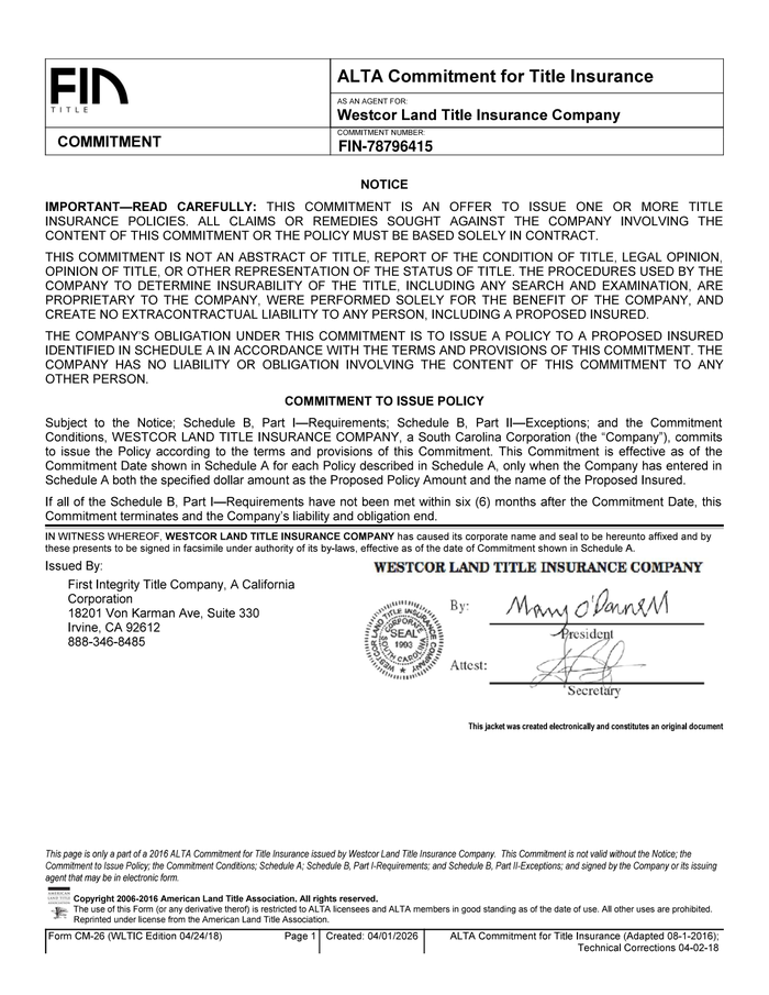 Page 1 of the sample Commitment for Title Insurance