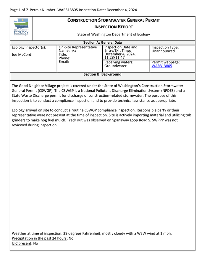 Page 1 of the sample Compliance Inspection Report