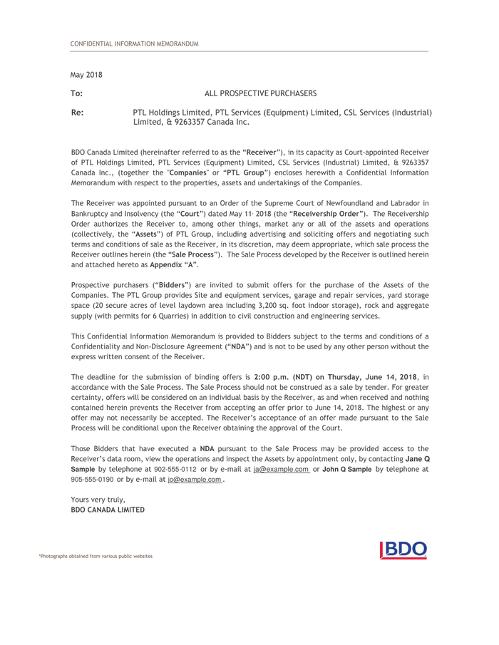 Page 3 of the sample Confidential Information Memorandum