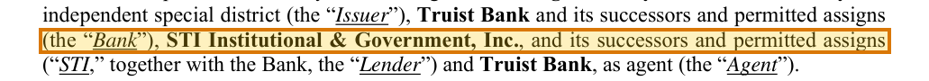 The region of the sample Credit Agreement containing Lender (STI), with the extracted value outlined