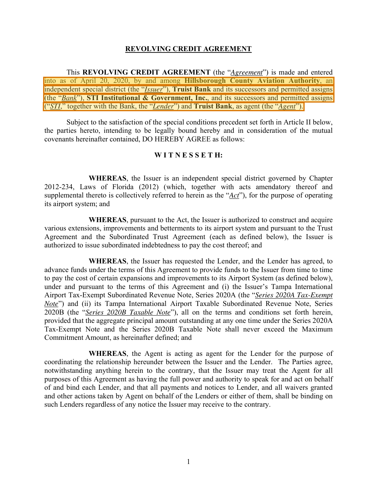 Page 6 of a sample Credit Agreement, with extracted values outlined