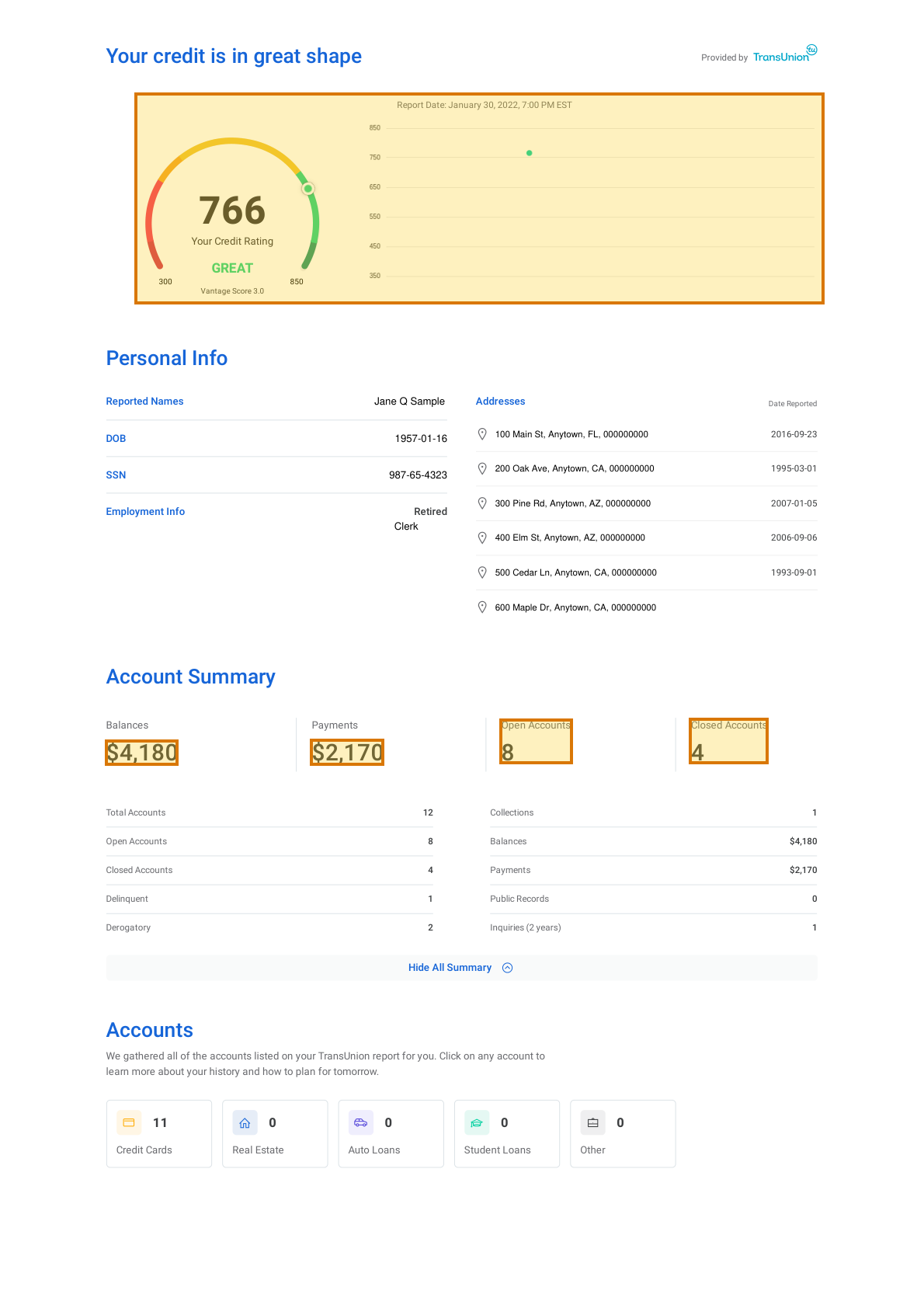 Page 1 of a sample Credit Report, with extracted values outlined
