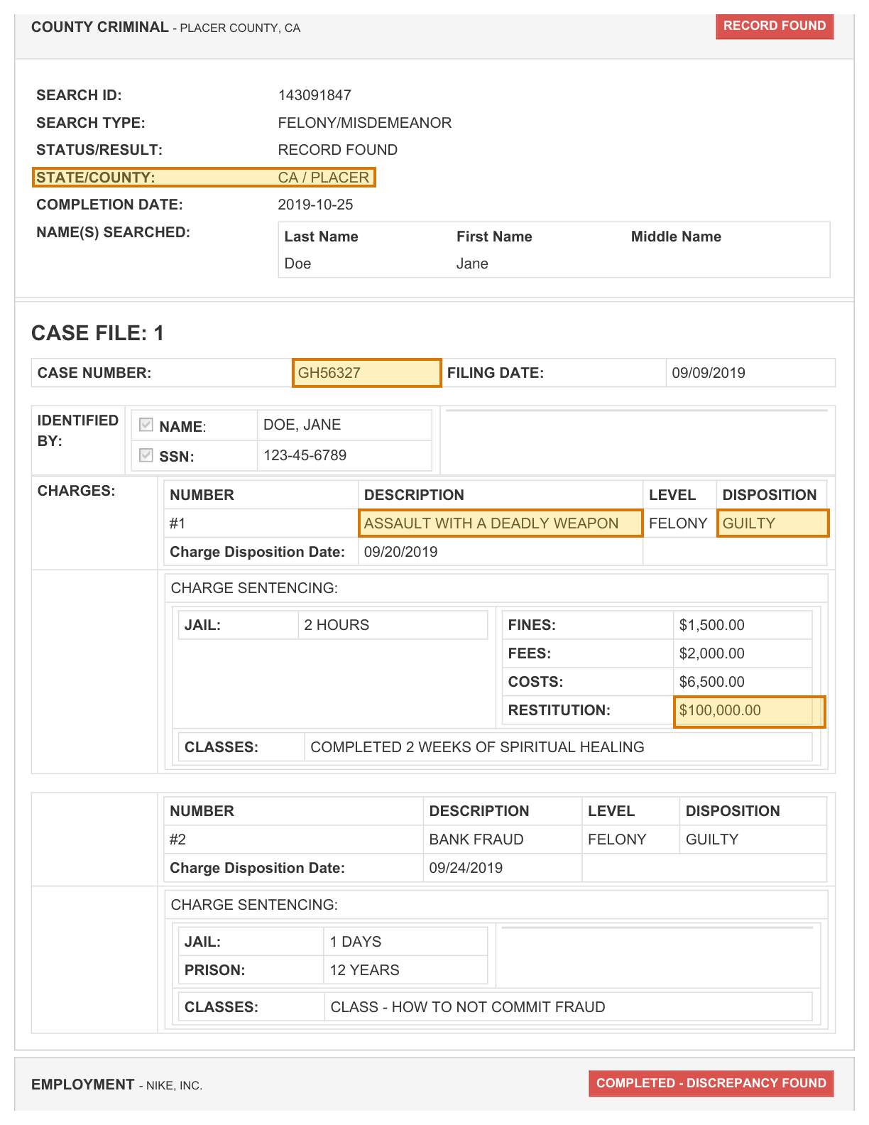 Page 3 of a sample Criminal Background Check, with extracted values outlined