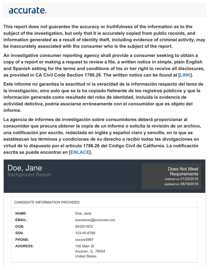 Page 1 of the sample Criminal Background Check