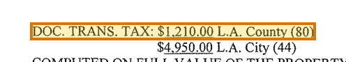 The region of the sample Deed containing County transfer tax, with the extracted value outlined