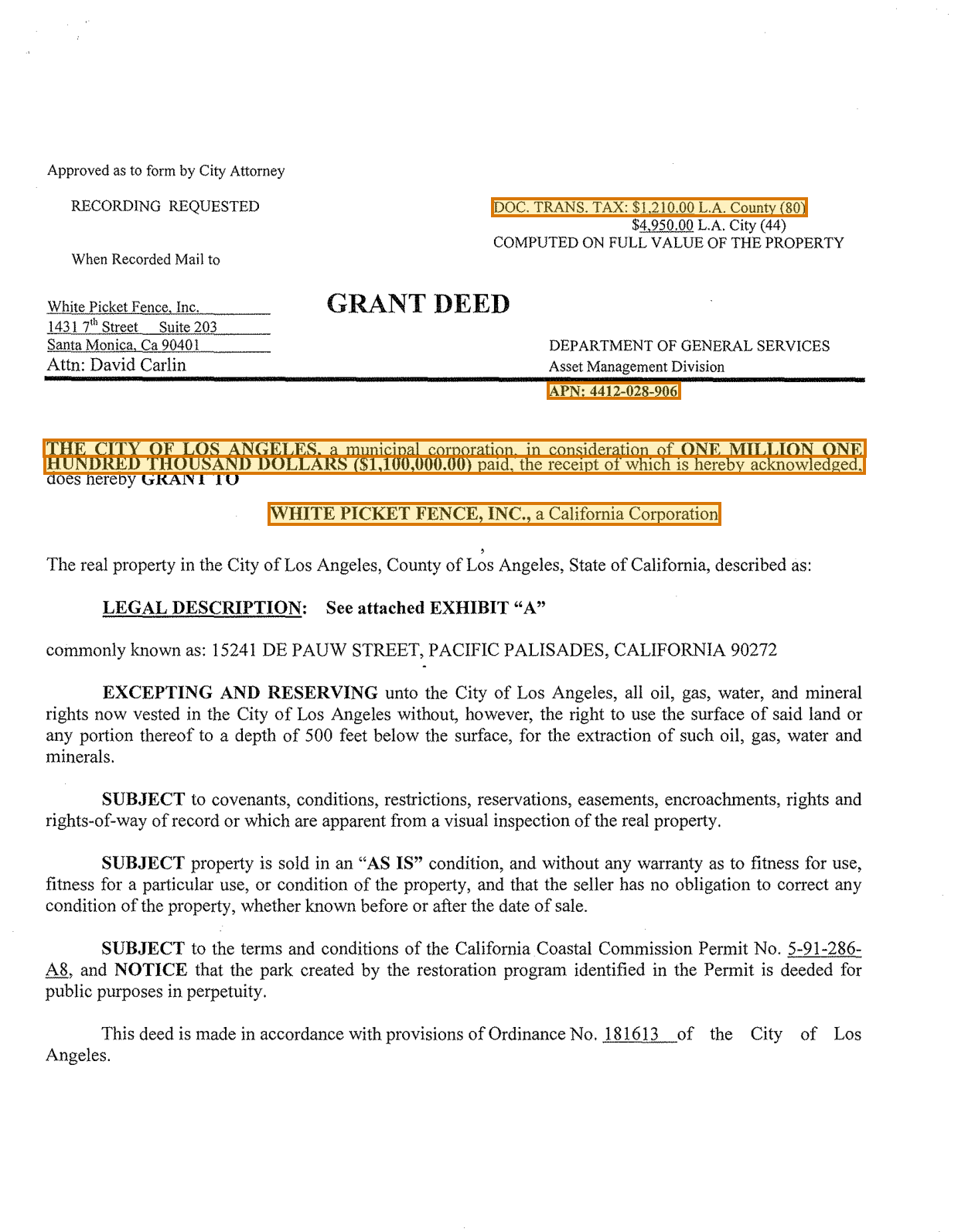 Page 1 of a sample Deed, with extracted values outlined