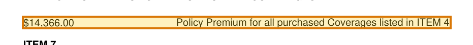 The region of the sample D&O Insurance Policy containing Policy premium, with the extracted value outlined