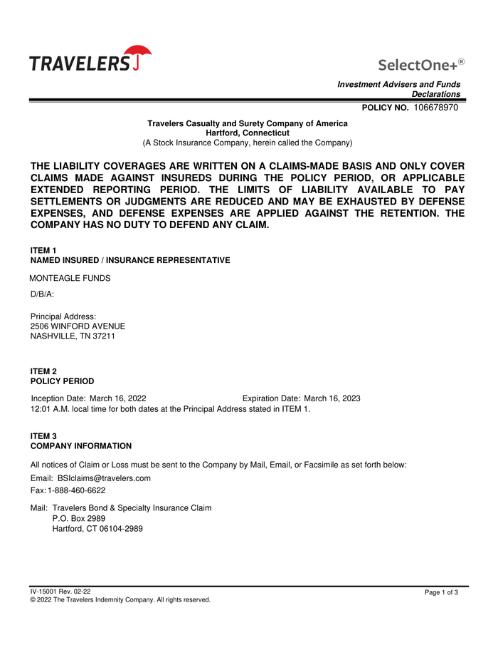Page 1 of the sample D&O Insurance Policy