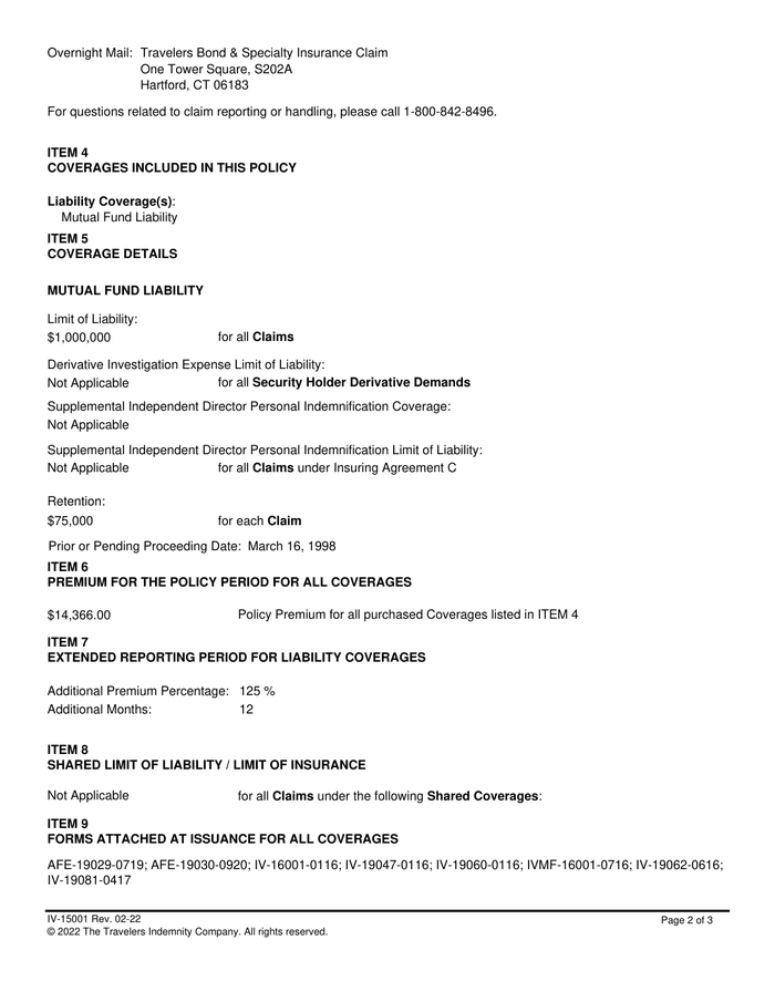 Page 2 of the sample D&O Insurance Policy