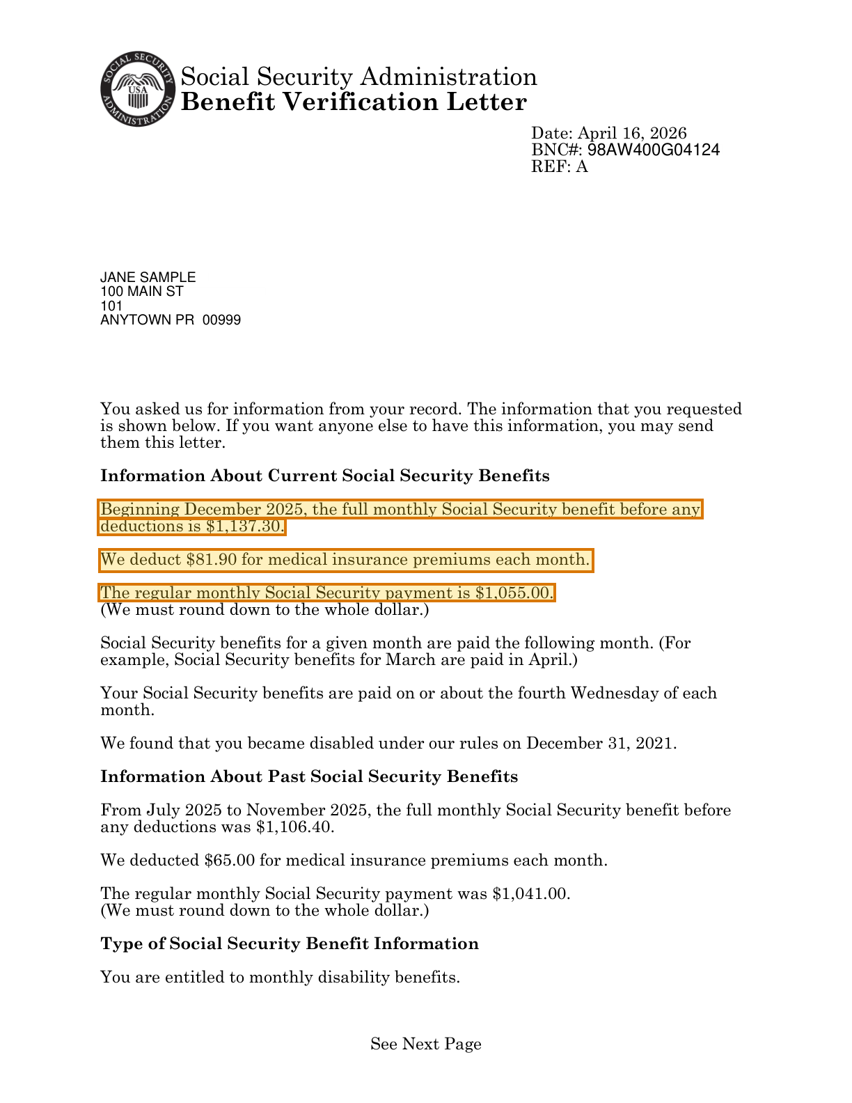 Page 1 of a sample Disability Benefit Letter, with extracted values outlined