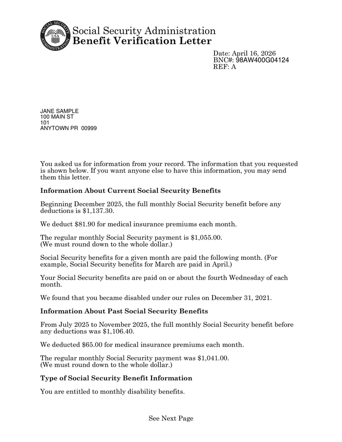 Page 1 of the sample Disability Benefit Letter
