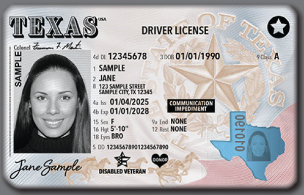 Page 1 of the sample Driver's License - US State