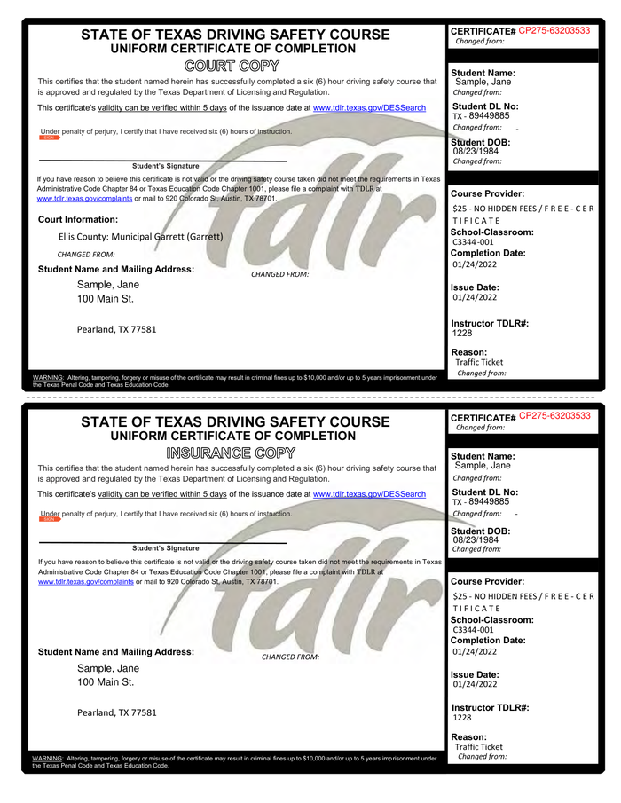 Page 1 of the sample Driving Course Certificate