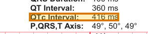 The region of the sample EKG Report containing QTc interval (ms), with the extracted value outlined