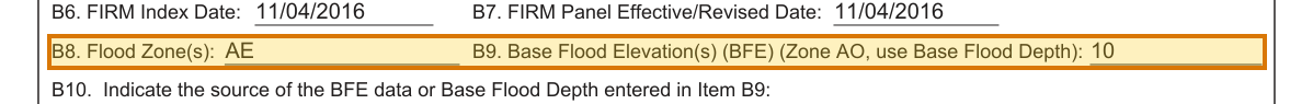 The region of the sample Elevation Certificate (Flood) containing Base flood elevation, with the extracted value outlined