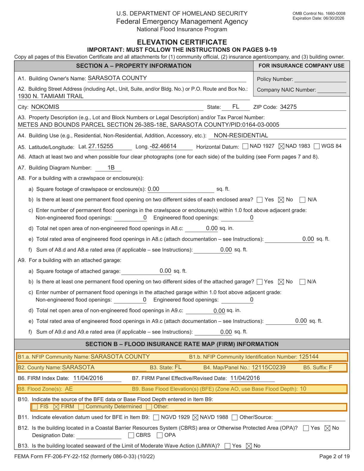 Page 1 of a sample Elevation Certificate (Flood), with extracted values outlined