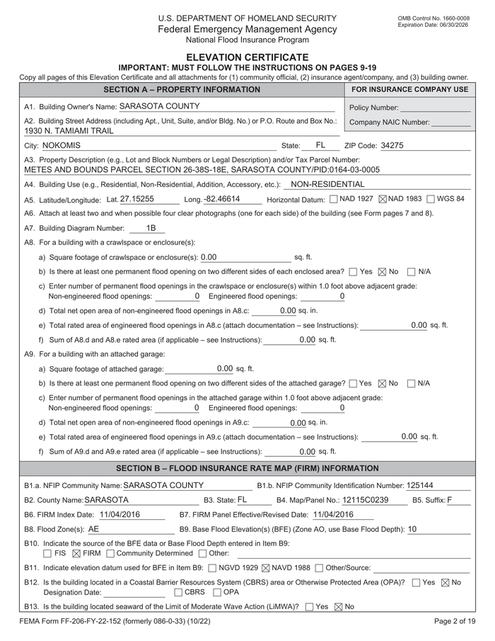 Page 1 of the sample Elevation Certificate (Flood)
