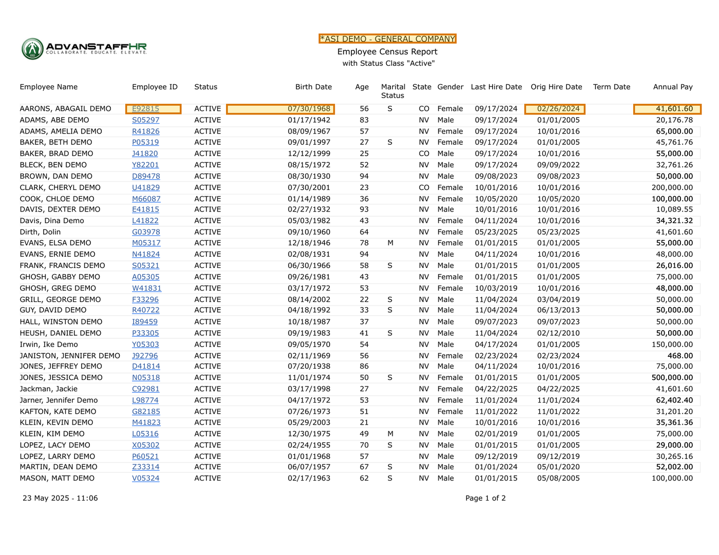 Page 1 of a sample Employee Census, with extracted values outlined