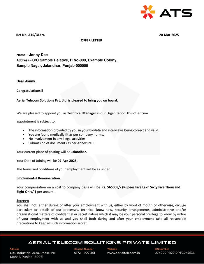 Page 1 of the sample Employment Offer Letter