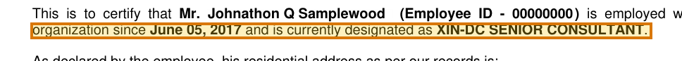 The region of the sample Employment Verification Letter containing Designation, with the extracted value outlined