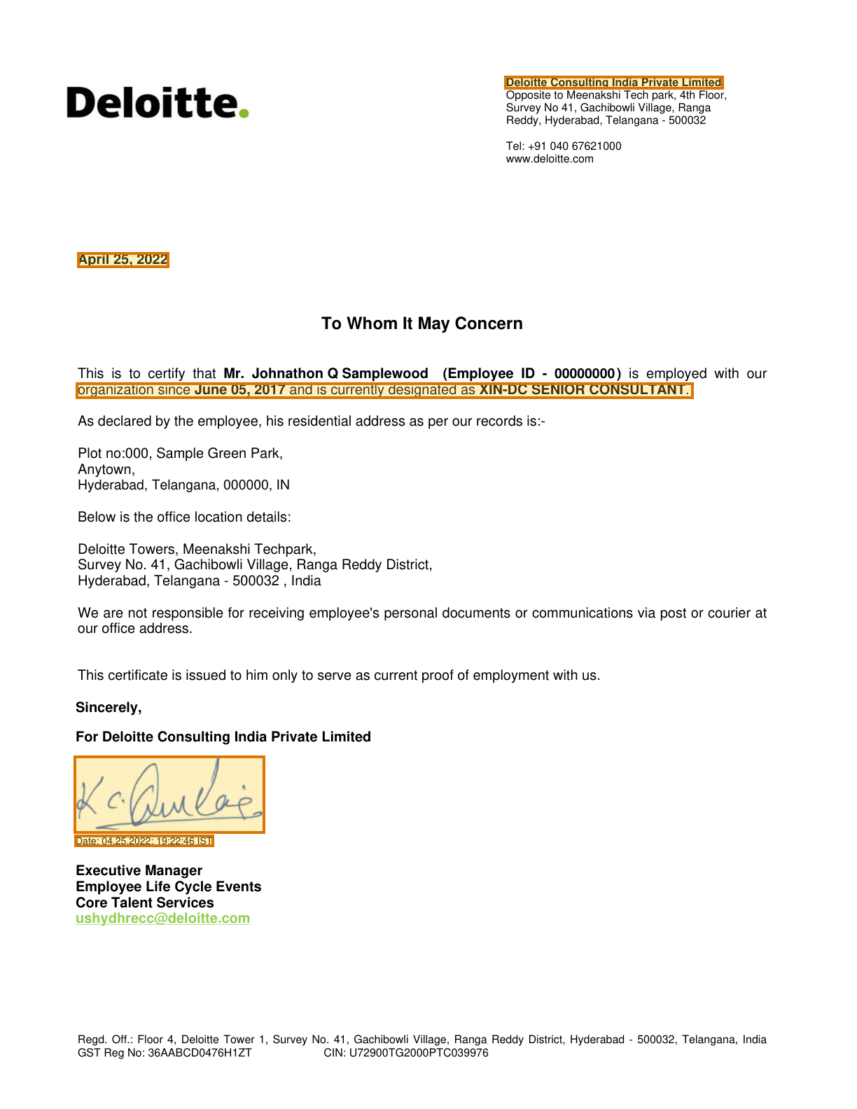 Page 1 of a sample Employment Verification Letter, with extracted values outlined