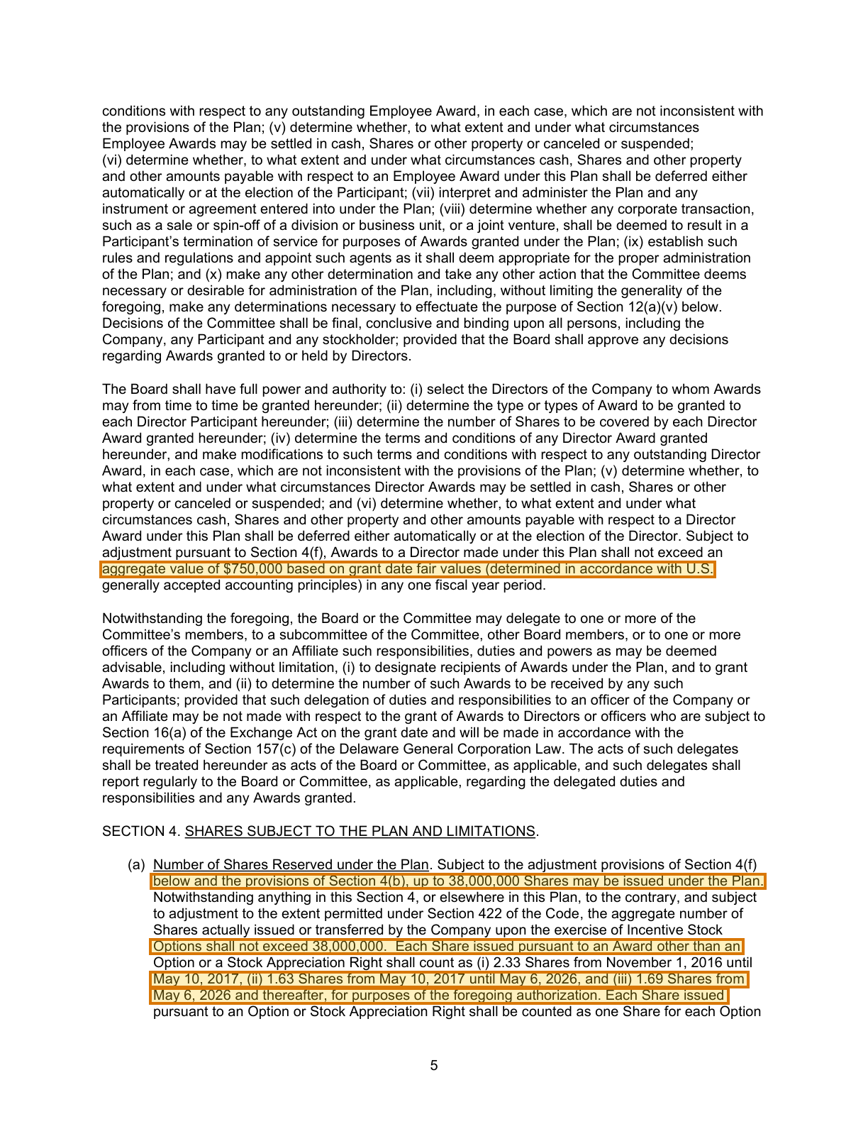 Page 5 of a sample Equity Incentive Plan, with extracted values outlined