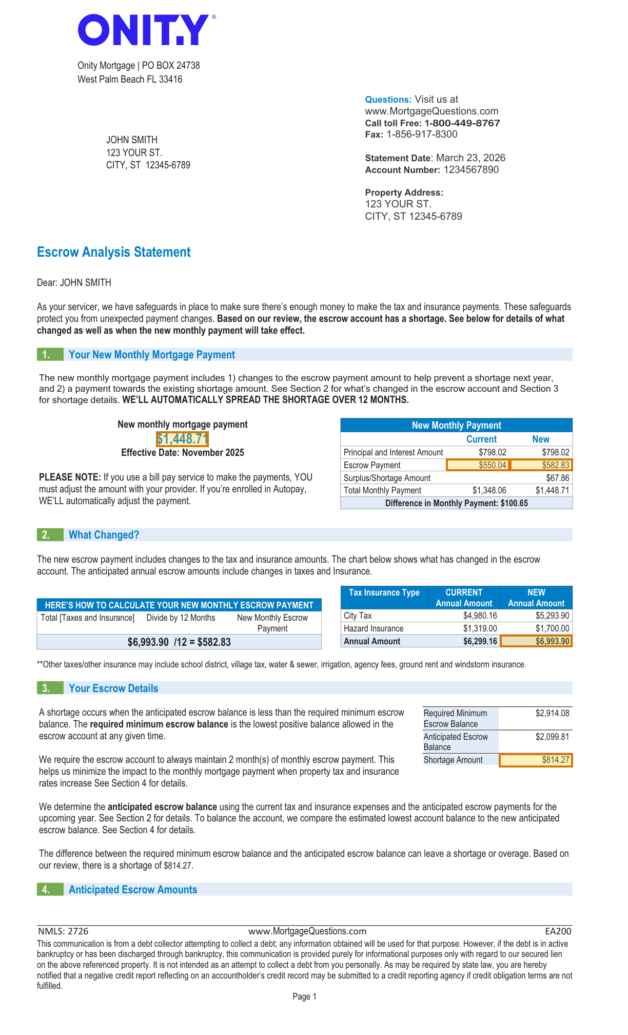 Page 1 of a sample Escrow Analysis Statement, with extracted values outlined