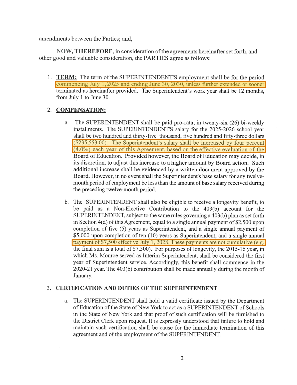 Page 2 of a sample Executive Employment Agreement, with extracted values outlined