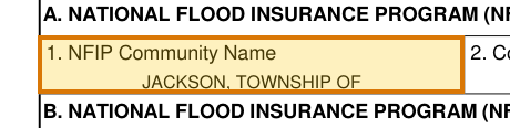 The region of the sample Flood Certification containing NFIP community, with the extracted value outlined