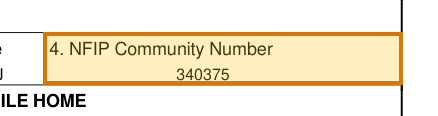 The region of the sample Flood Certification containing NFIP community number, with the extracted value outlined