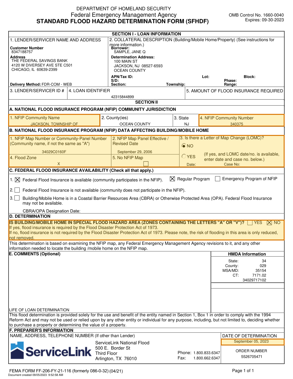 Page 1 of a sample Flood Certification, with extracted values outlined