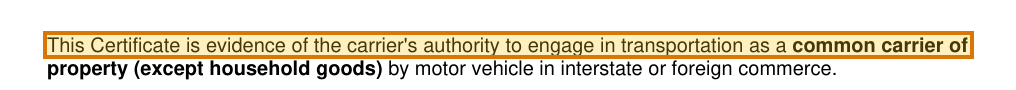 The region of the sample FMCSA Operating Authority Certificate containing Authority granted, with the extracted value outlined