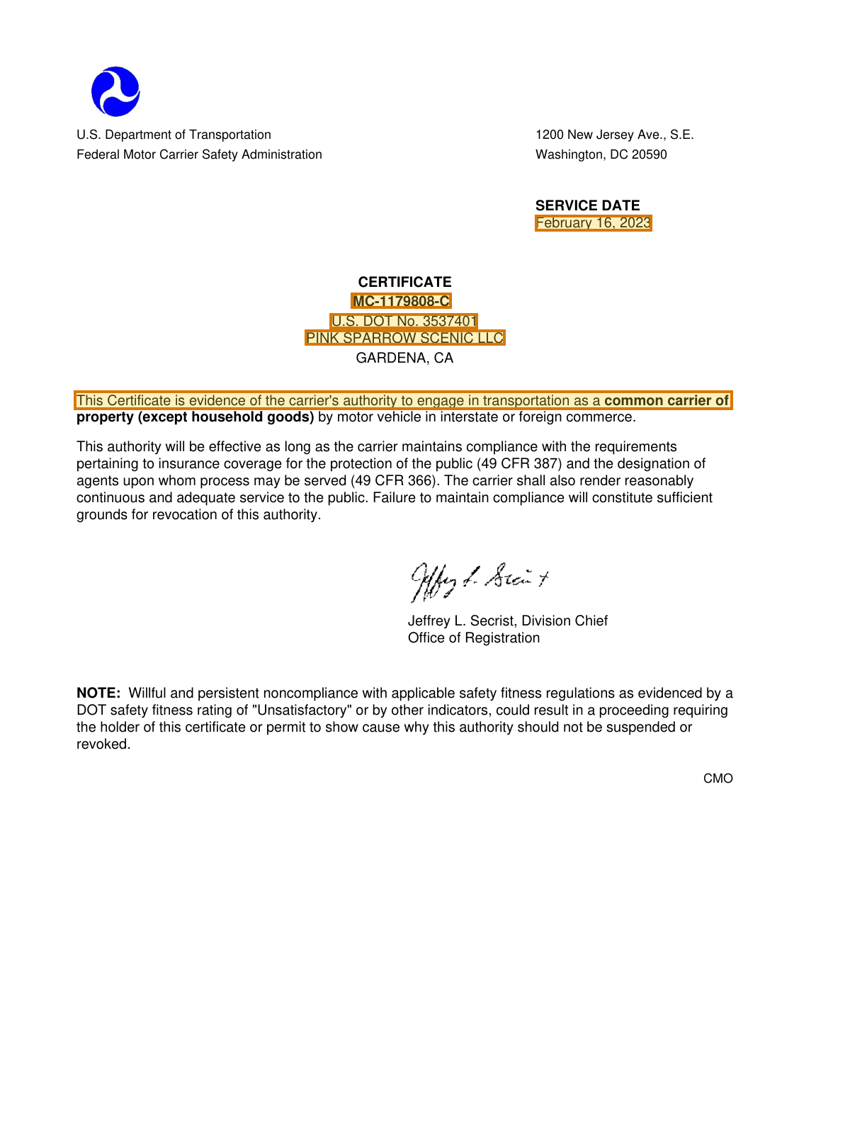 Page 1 of a sample FMCSA Operating Authority Certificate, with extracted values outlined
