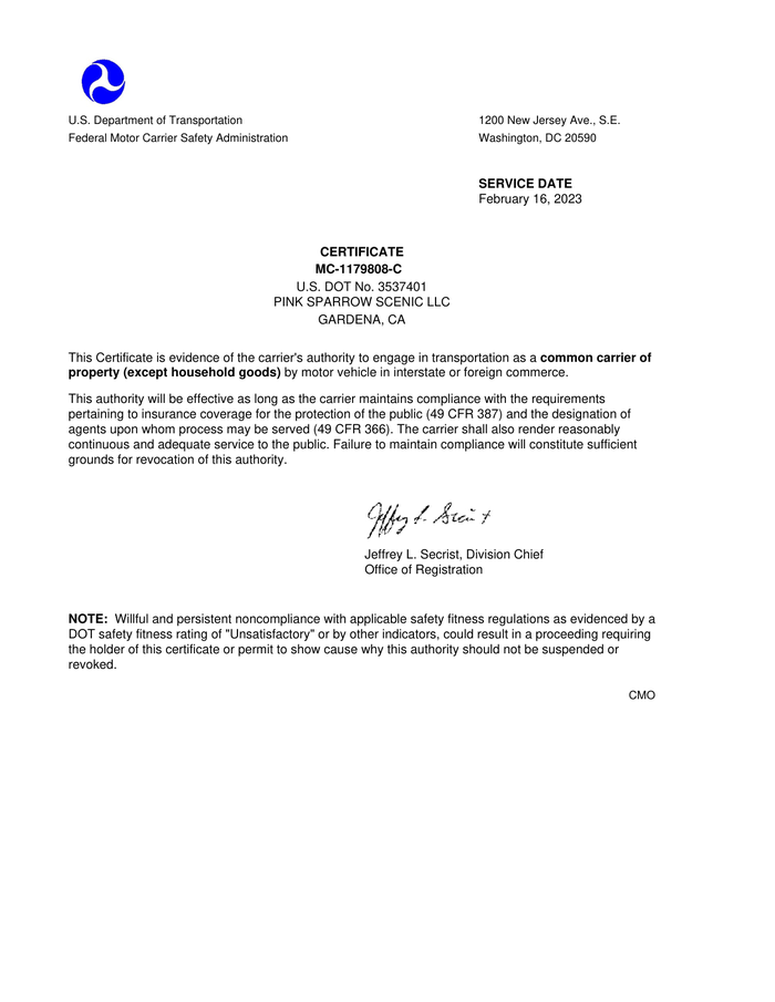 Page 1 of the sample FMCSA Operating Authority Certificate