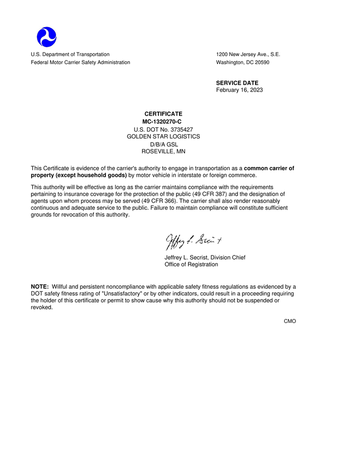 Page 13 of the sample FMCSA Operating Authority Certificate