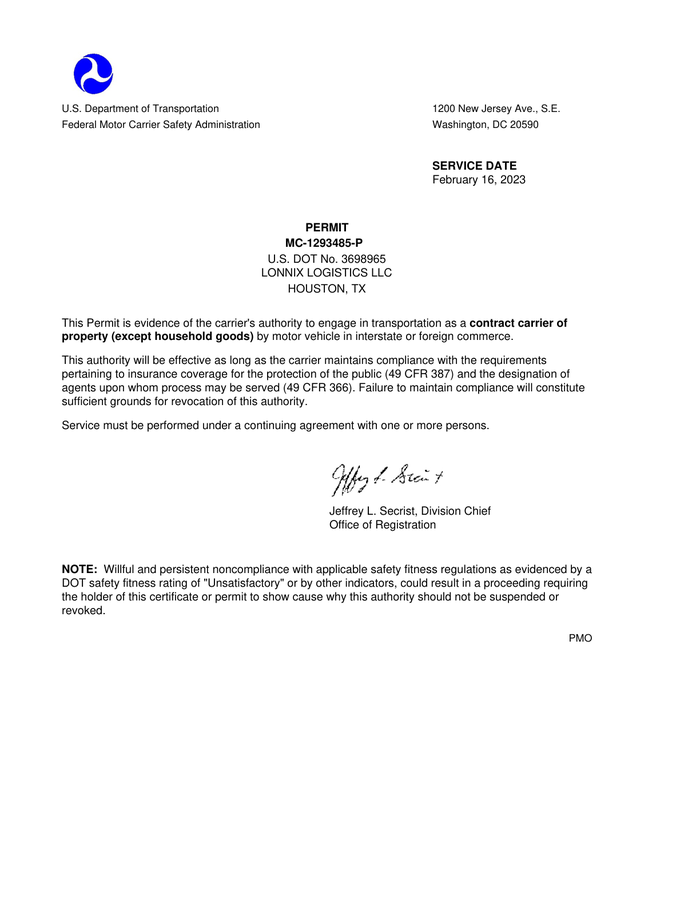 Page 8 of the sample FMCSA Operating Authority Certificate
