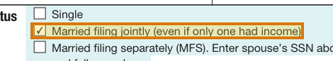 The region of the sample Form 1040 containing Filing status (checkbox), with the extracted value outlined