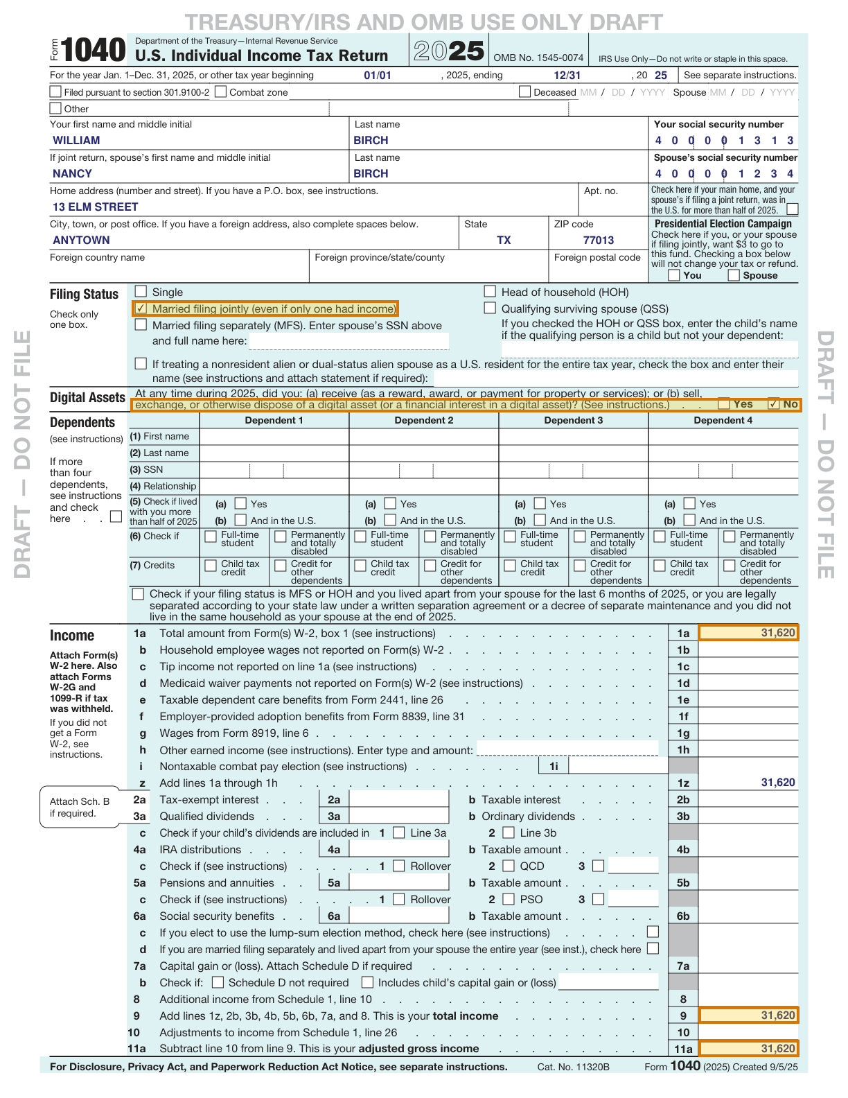 Page 1 of a sample Form 1040, with extracted values outlined