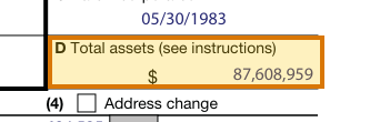 The region of the sample Form 1120 containing Total assets (item D), with the extracted value outlined