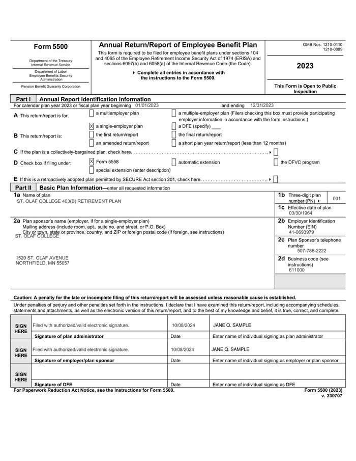 Page 1 of the sample Form 5500